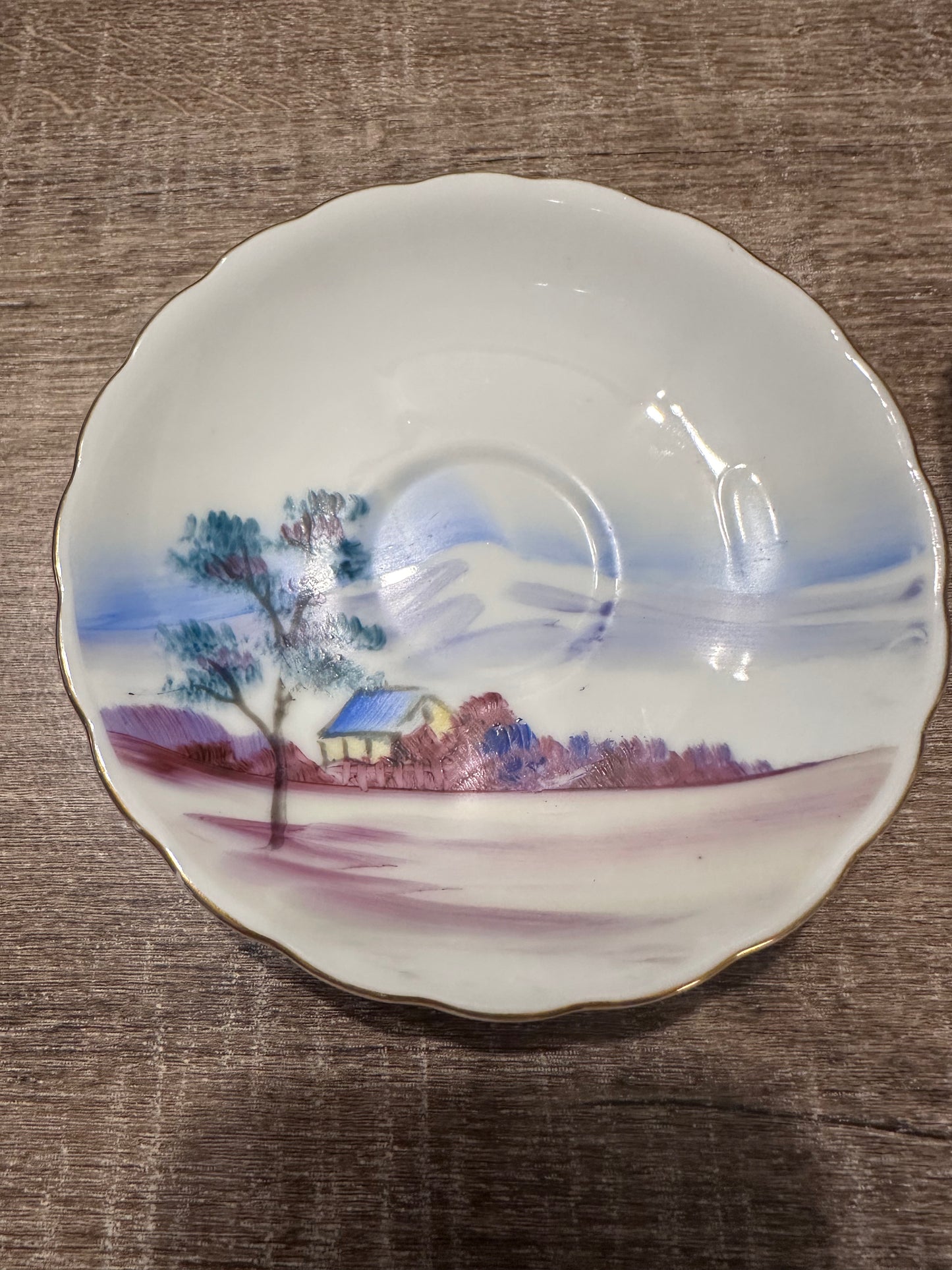 Vintage Ucagco Japan Hand painted LandscapeDemitasse Teacup Saucer W/ Gold Trim