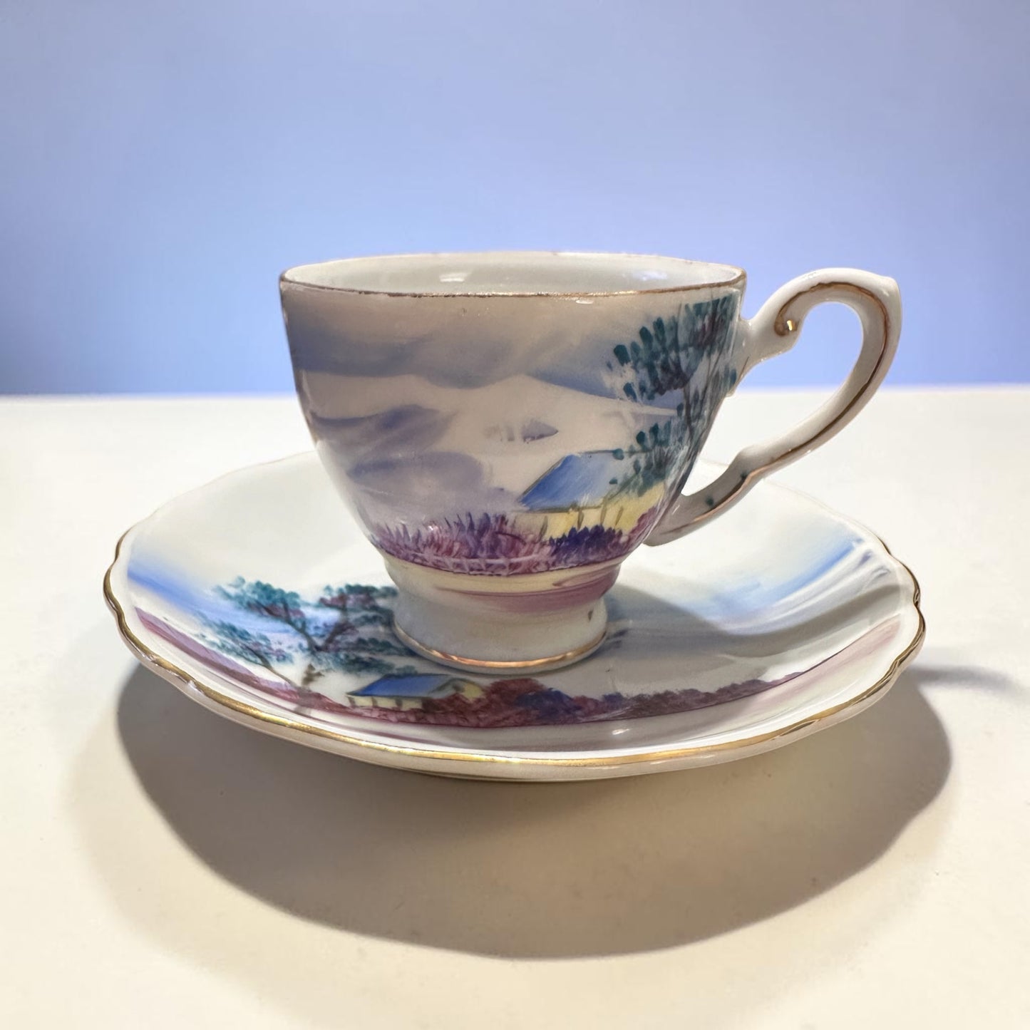 Vintage Ucagco Japan Hand painted LandscapeDemitasse Teacup Saucer W/ Gold Trim