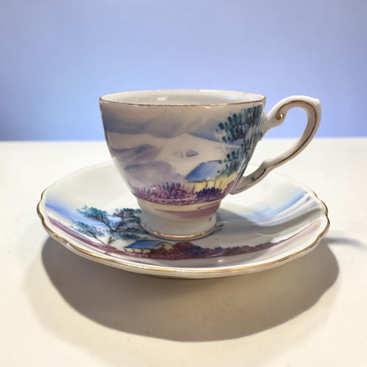 Vintage Ucagco Japan Hand painted LandscapeDemitasse Teacup Saucer W/ Gold Trim