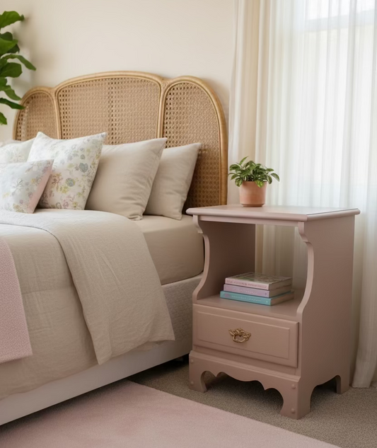 Beige nightstand with a drawer and decorative handle on a plain background