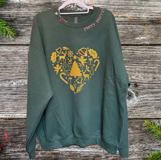 Green Sweatshirt with Gold Winter Heart Scene XL