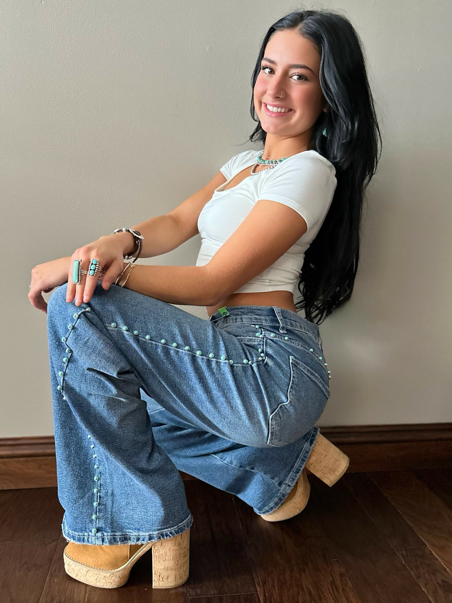 Wide Leg Jeans with Turquoise Gemstone Detail