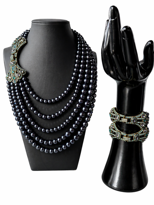 Heidi Daus “Age of Elegance” Multi Strand Crystal and Faux Black Pearl Necklace 26” with 2 Coordinating Statement Bracelets 6.5”