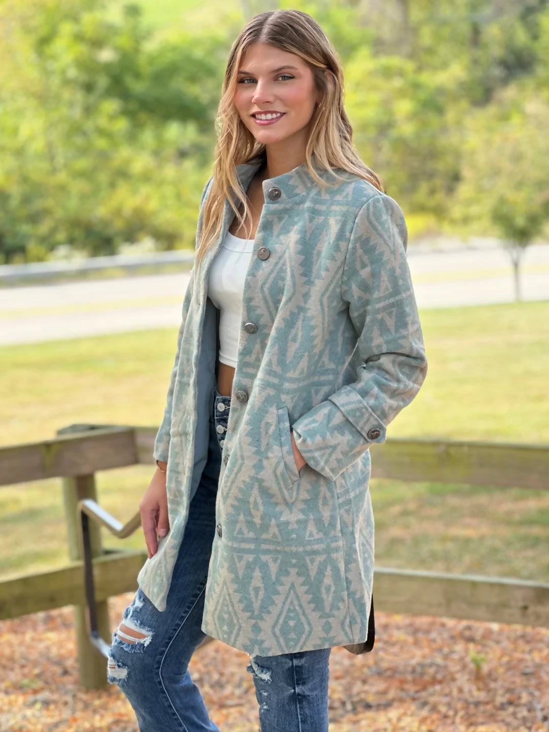 Aztec Print Lined Button Down Coat