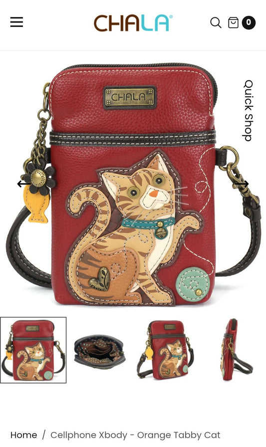 Anytime Crystals Chala Handbags Cellphone Xbody- Orange Tabby Cat