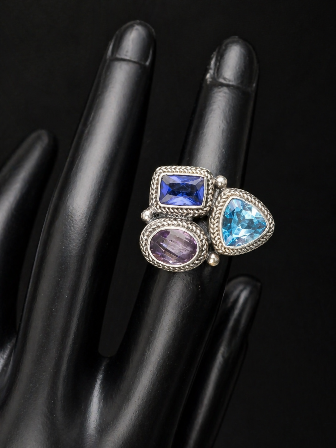 Sterling Topaz Iolite and Amethyst ring size 6