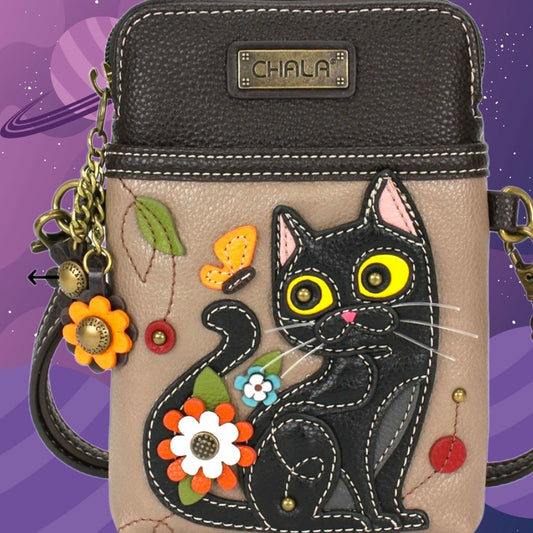 Anytime Crystals Chala Handbags Cellphone Xbody - Black Cat