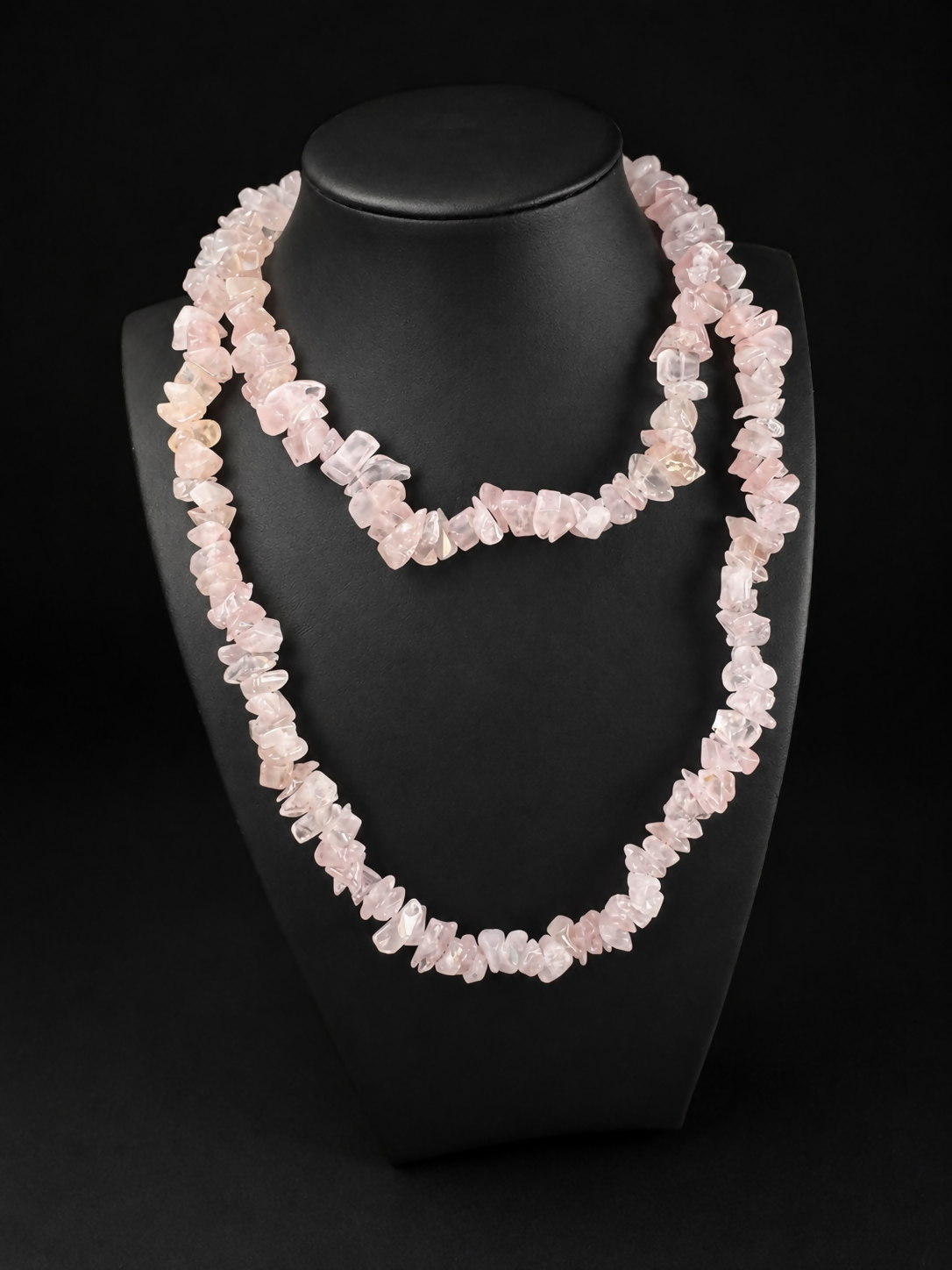 Vintage Rose Quartz Chip Necklace 34” Long Pink Crystal Endless Strand Boho Jewelry