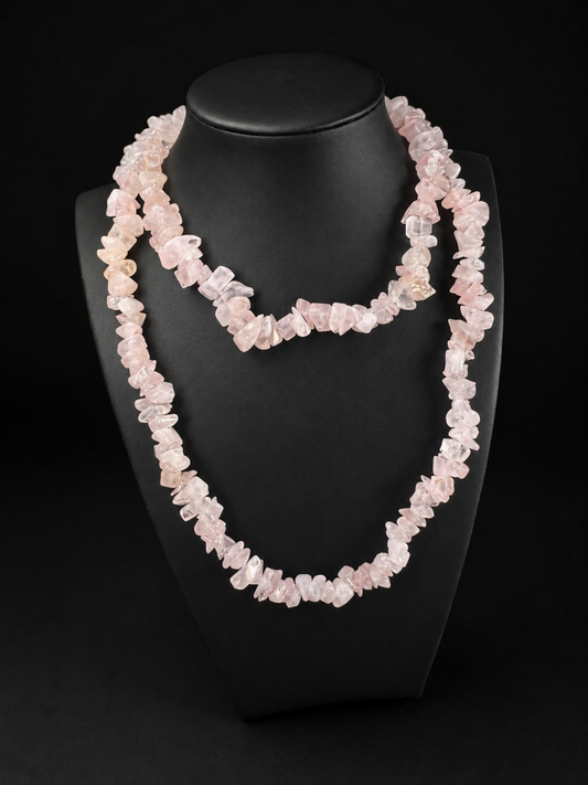 Vintage Rose Quartz Chip Necklace 34” Long Pink Crystal Endless Strand Boho Jewelry