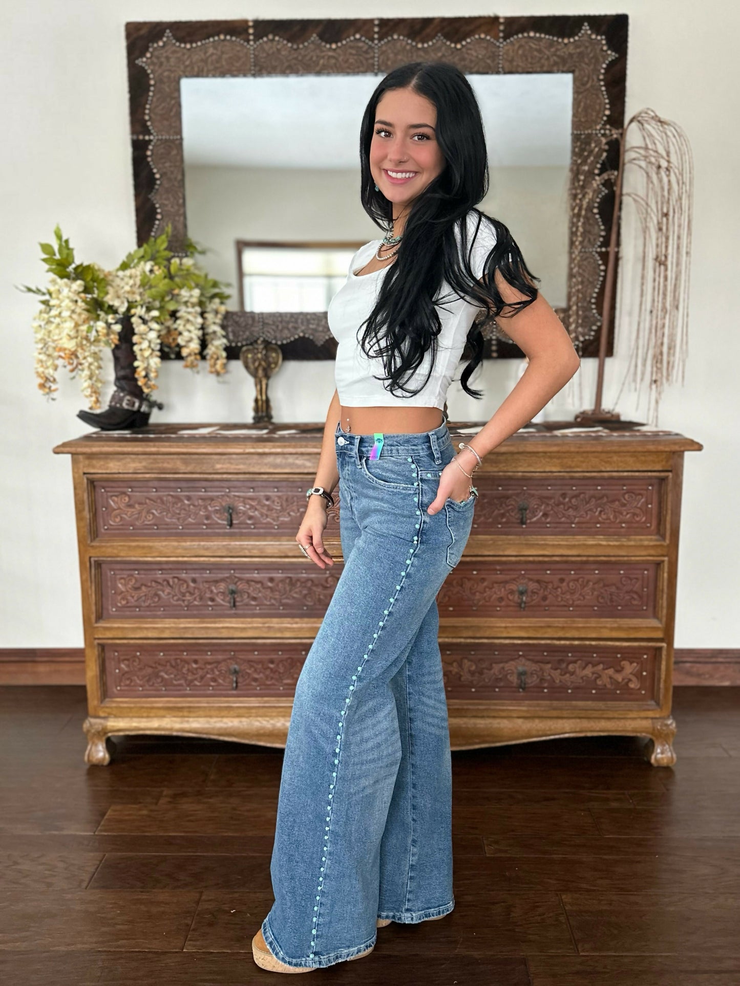 Wide Leg Jeans with Turquoise Gemstone Detail