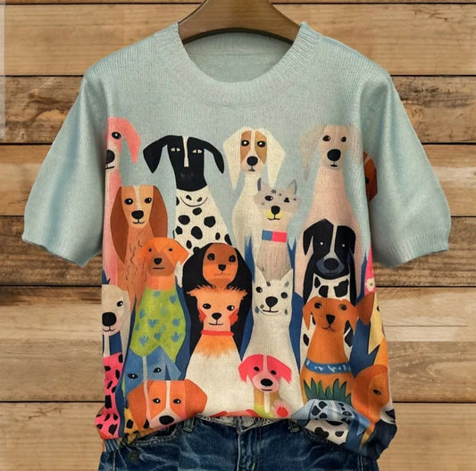 Anytime Crystals Aqua All Over Dog Print Short Sleeve Sweater