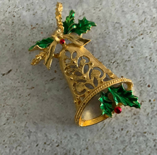 Vintage gold tone holiday Christmas bell brooch