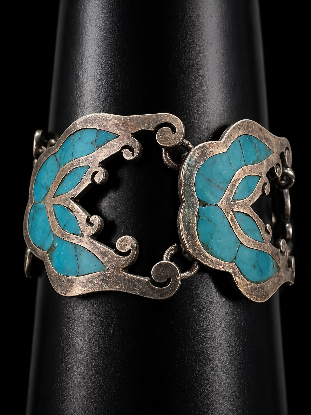 Vintage Sterling Silver Turquoise Mosaic Panel Bracelet 6.25”