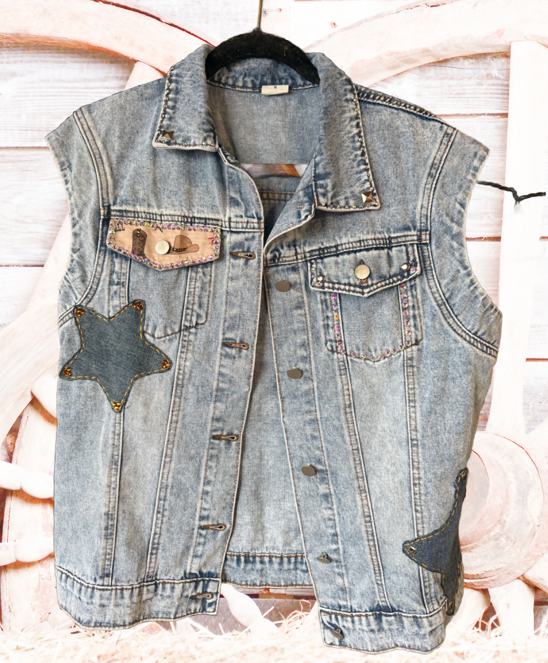Country Vibe Rhinestoned Denim Vest Medium