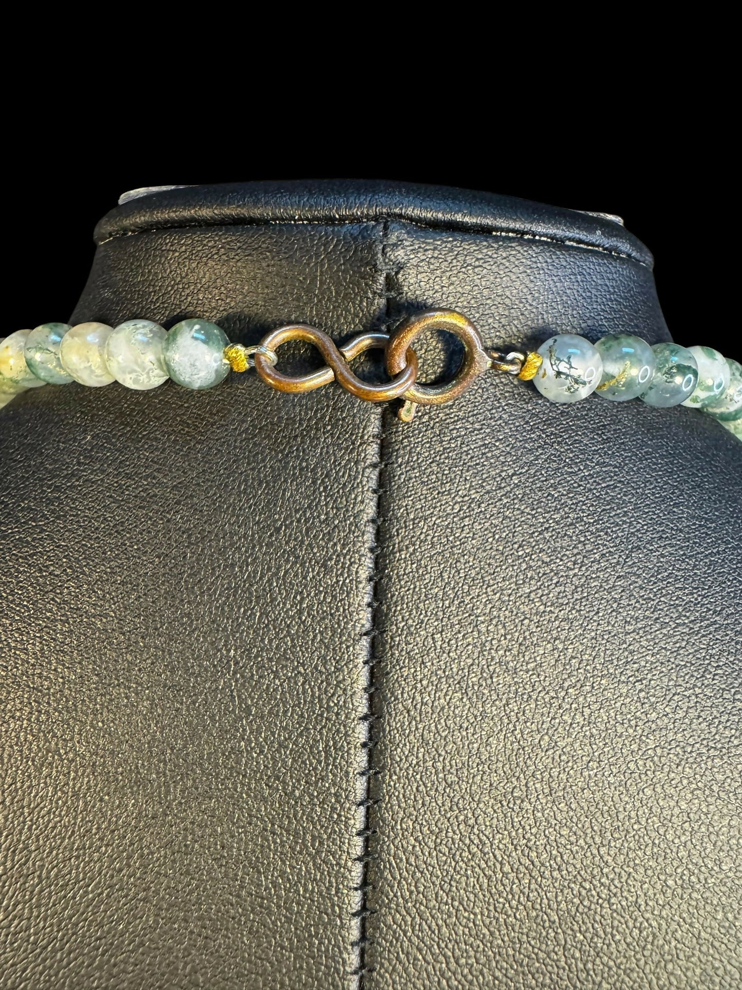 Handcrafted Electroformed Copper Statement Necklace | Moss Agate Beads | Organic Shell Slice Pendant | Artisan One-of-a-Kind 24”