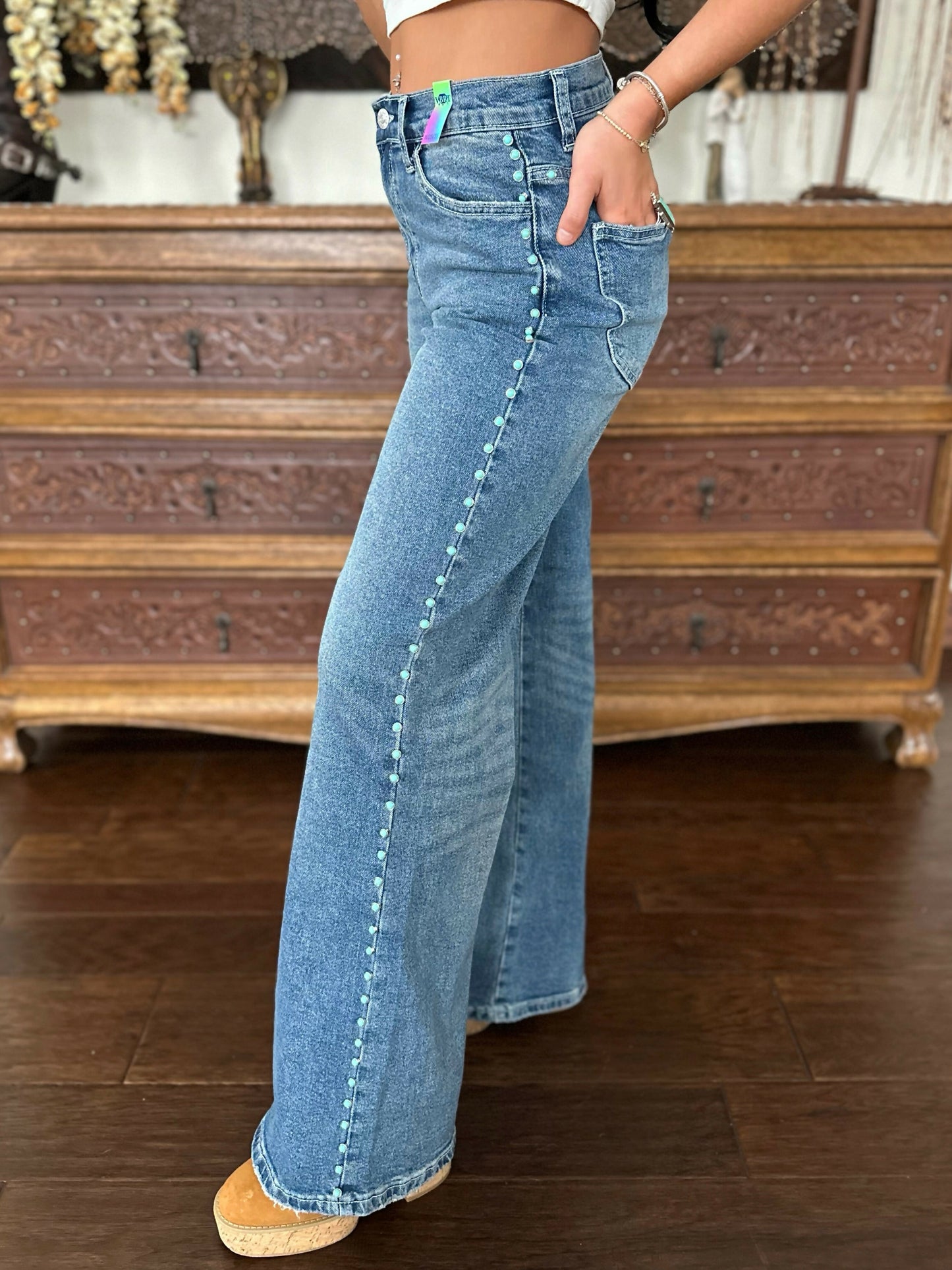 Wide Leg Jeans with Turquoise Gemstone Detail