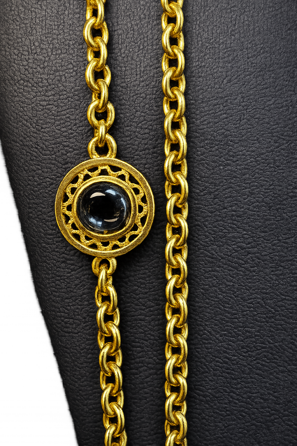 Vintage Celebrity Gold Tone 39” Necklace with Glass Cabochons and Floral Pendant