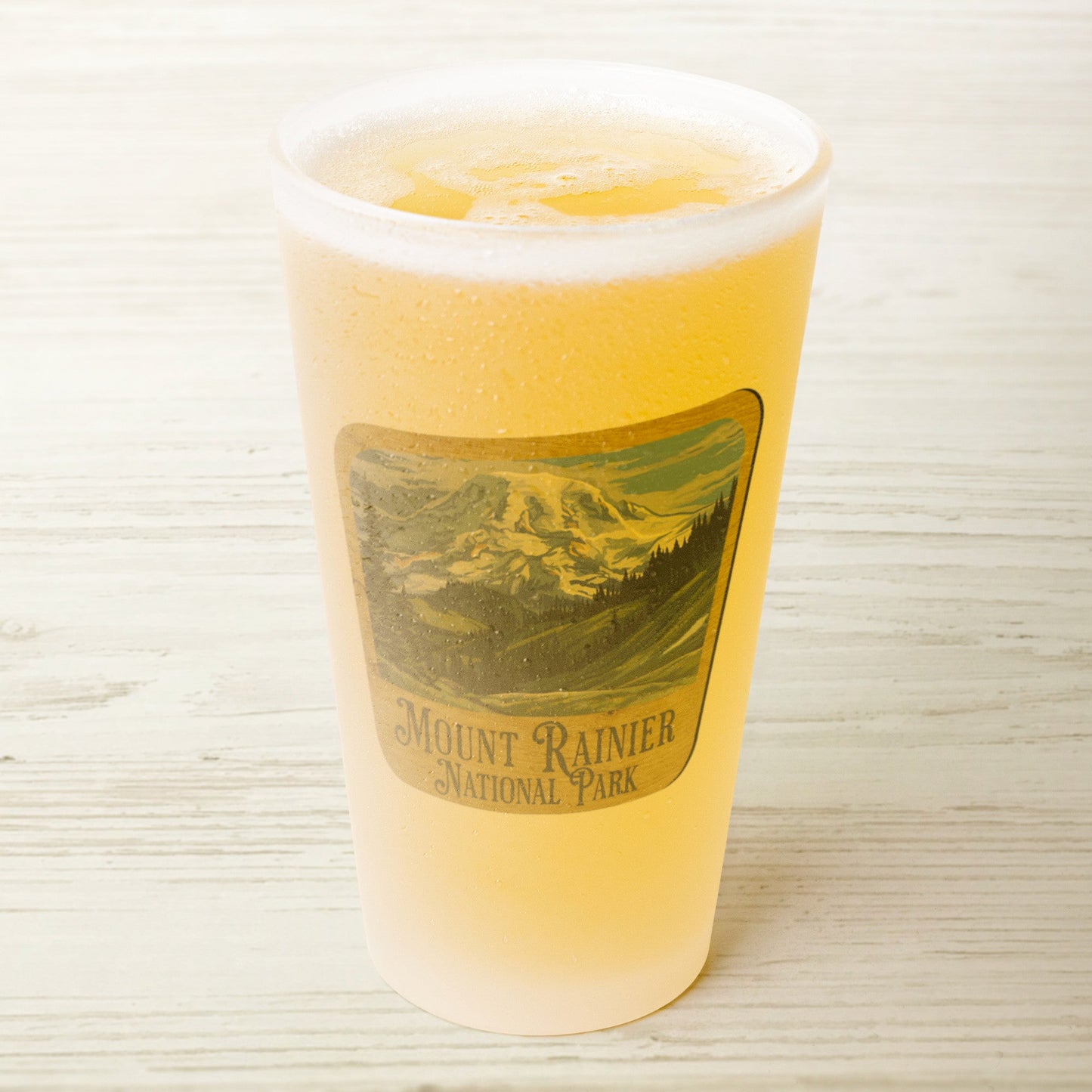 Mount Rainier National Park Frosted Pint Glass Wood Sign Mountain Graphic