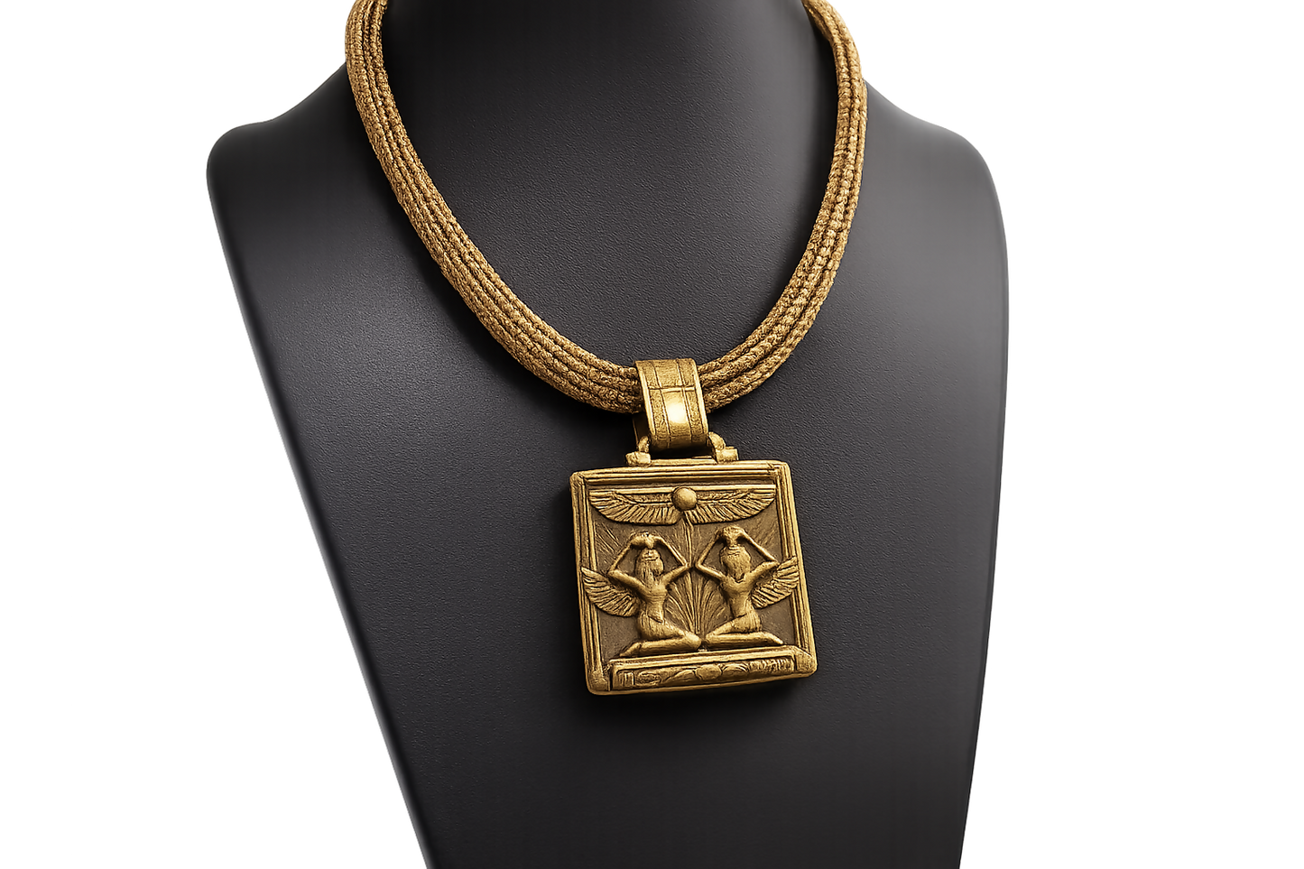 Vintage Egyptian Revival Statement Necklace 15” | Multi-Strand Gold Tone Mesh Collar with Stone Cabochon Pendant 2.2”