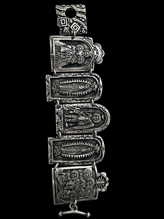Alice Seely 2000 Artisan Pewter Religious Panel Bracelet Folk Art Saints 7”