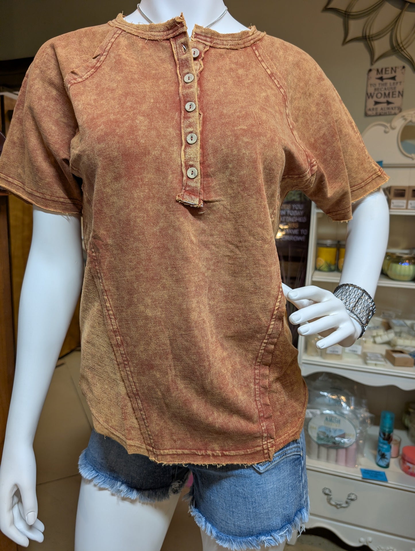 Zenana Crinkled Washed French Terry Henley Top – Button Front & Cozy Feel