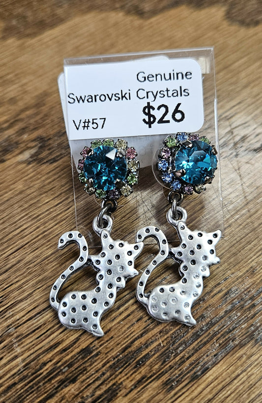 Anytime Crystals Genuine Swarovski Crystal 8.5mm Turquoise with Multicolor Halo Earrings with cat metal accents