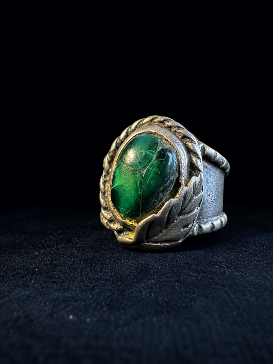 Vintage Sterling Silver Green Cabochon Statement Ring Wide Band Artisan Southwestern Gothic Size 8
