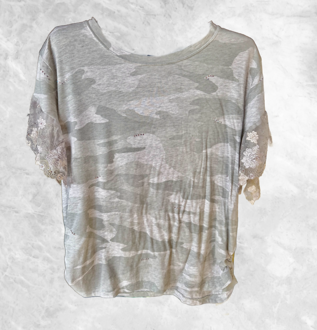 Faded Camo & Lace Upcycled T-shirt Large
