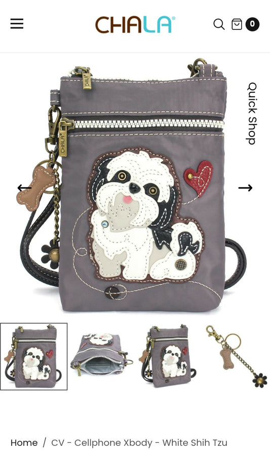 Anytime Crystals Chala Handbags CV Cellphone Xbody- White Shih Tzu