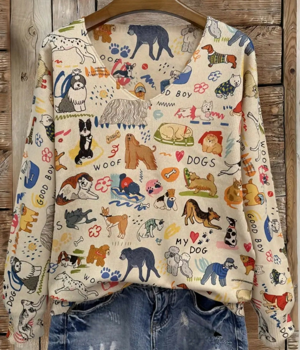 Anytime Crystals Tan Dog Breeds Print Lightweight V-Neck Sweater