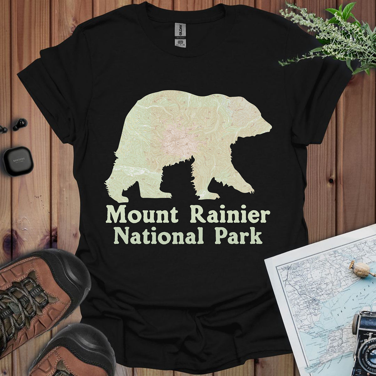 Mount Rainier National Park Topographic Map Bear Unisex Fit Soft T-Shirt