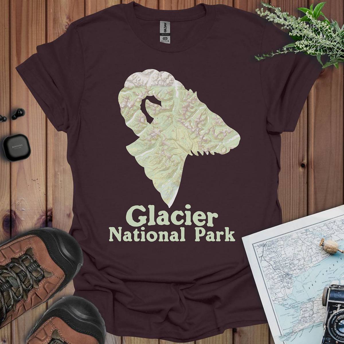 Glacier National Park Topographic Big Horned Sheep Map Unisex Fit Soft T-Shirt