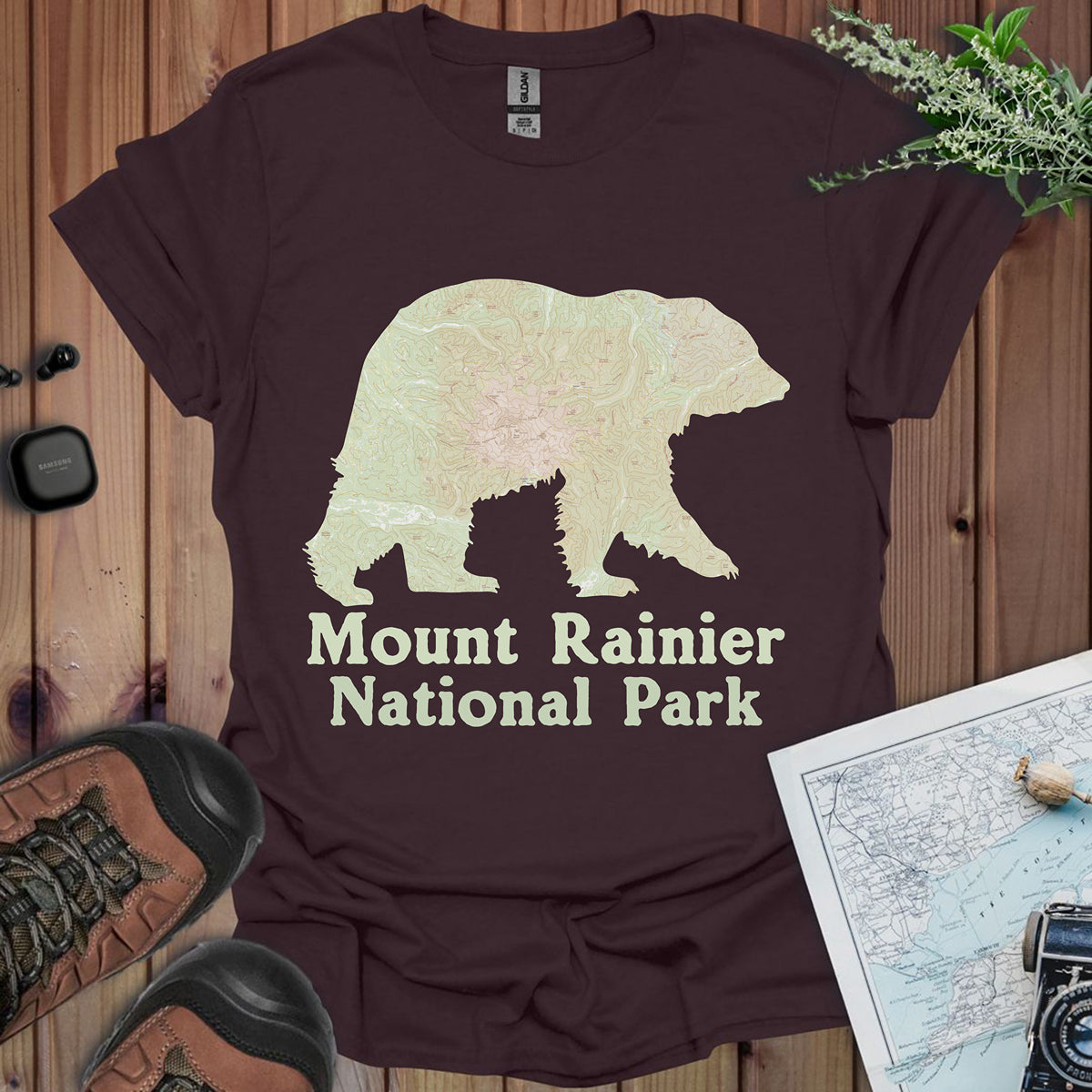 Mount Rainier National Park Topographic Map Bear Unisex Fit Soft T-Shirt