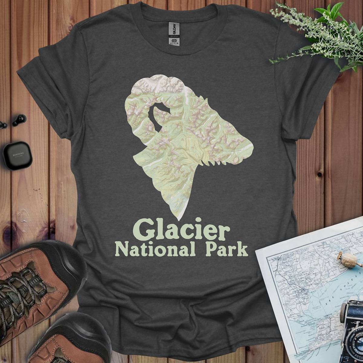 Glacier National Park Topographic Big Horned Sheep Map Unisex Fit Soft T-Shirt