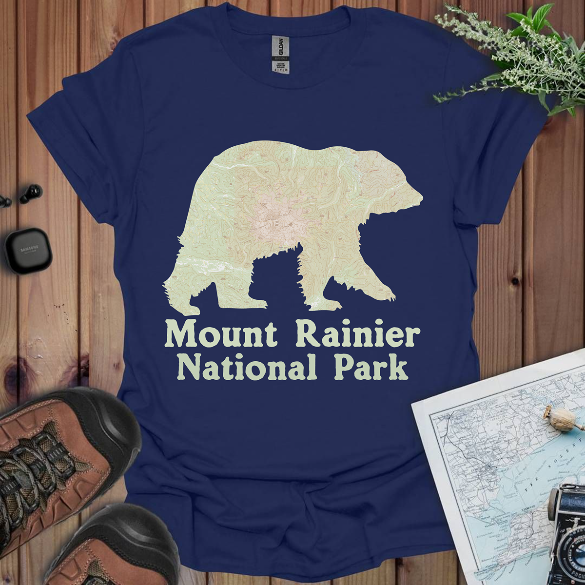 Mount Rainier National Park Topographic Map Bear Unisex Fit Soft T-Shirt