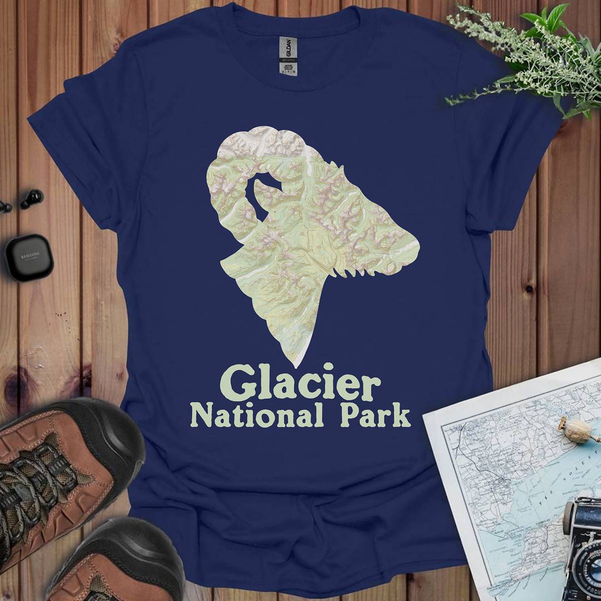 Glacier National Park Topographic Big Horned Sheep Map Unisex Fit Soft T-Shirt