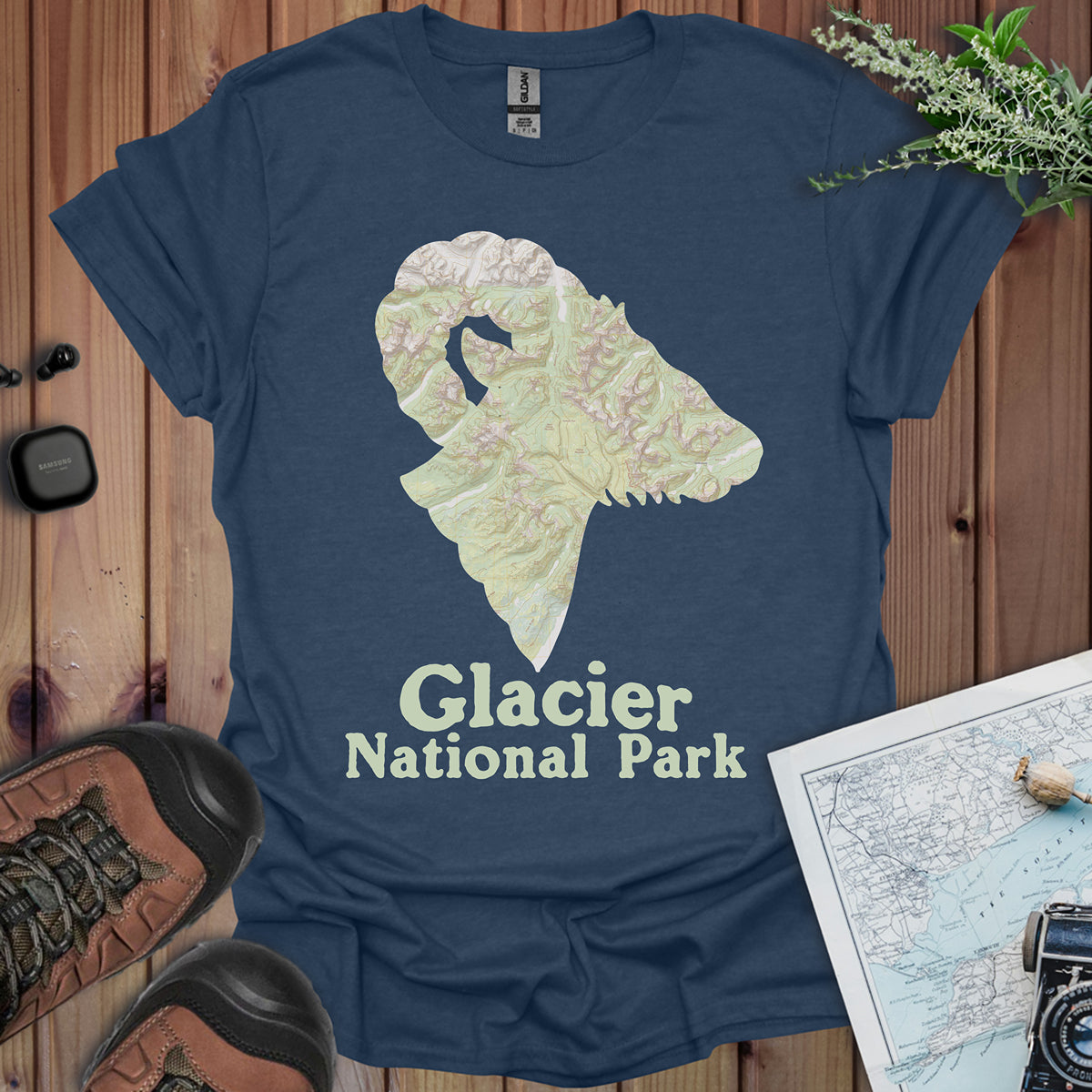 Glacier National Park Topographic Big Horned Sheep Map Unisex Fit Soft T-Shirt