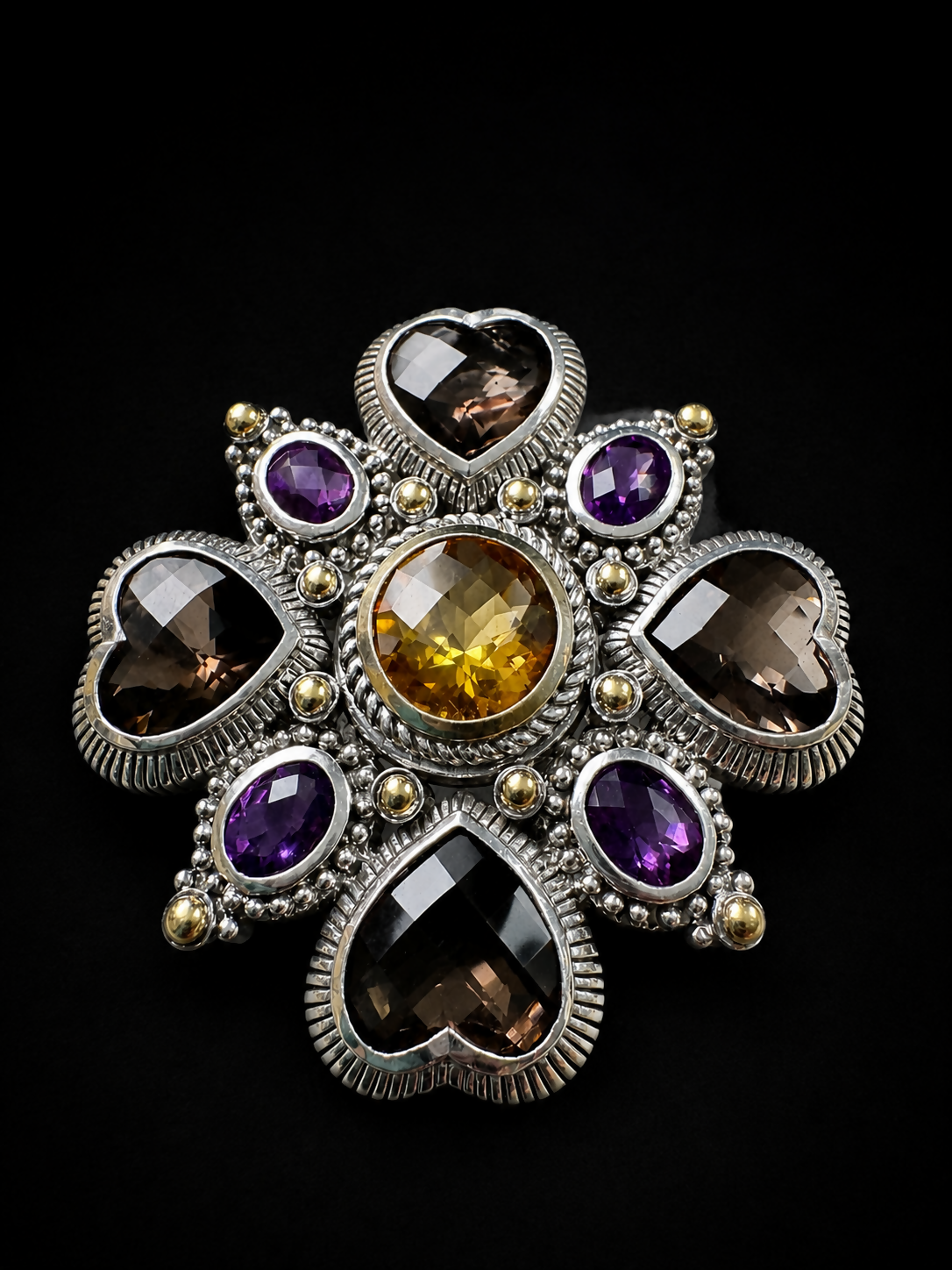Judith Ripka 925 14K Smoky Quartz Citrine Amethyst Enhancer Pendant Brooch Thailand 2”