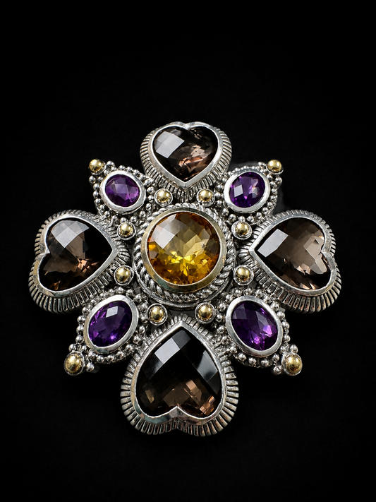 Judith Ripka 925 14K Smoky Quartz Citrine Amethyst Enhancer Pendant Brooch Thailand 2”