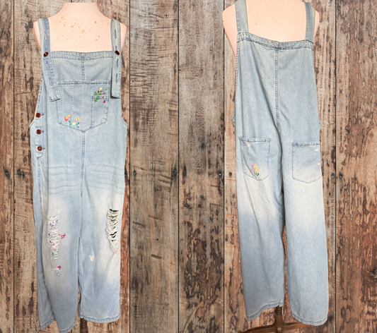 Upcycled Denim Embroidered Overalls, XXL