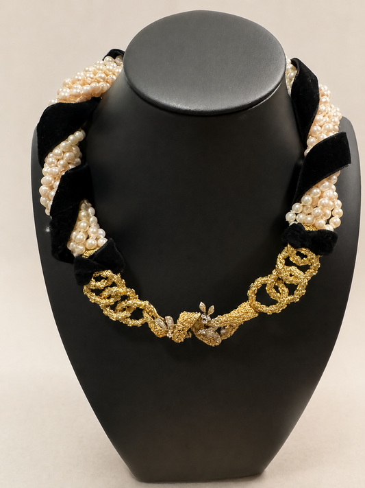Vintage 14K Gold, Diamond & Nine-Strand Baroque Pearl Couture Necklace Runway