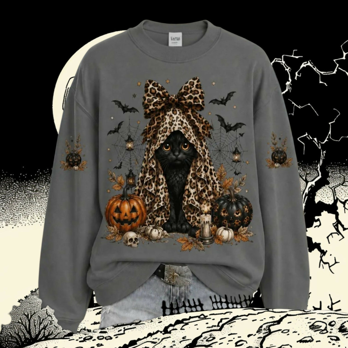 Anytime Crystals Women's Sweatshirt Black Cat with Leopard Bow