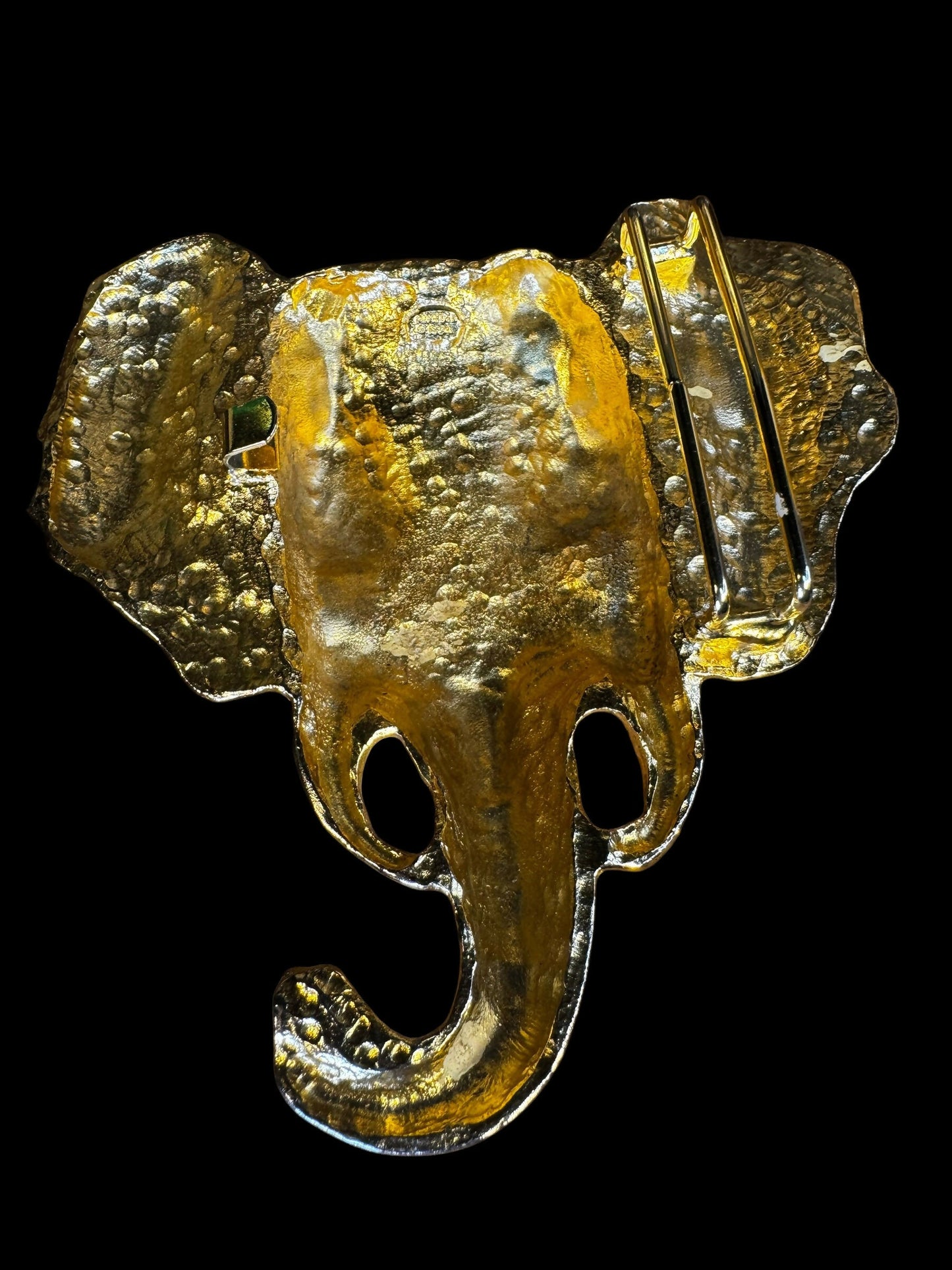 Vintage Mimi di N Elephant Belt Buckle 1980s Gold Tone Designer Statement Accessory 4”X4”