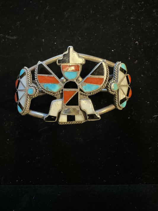 Signed REXX Sterling Silver Thunderbird Inlay Cuff Bracelet Turquoise Coral Shell Southwestern Native American(As Is) (5.75” adjustable)