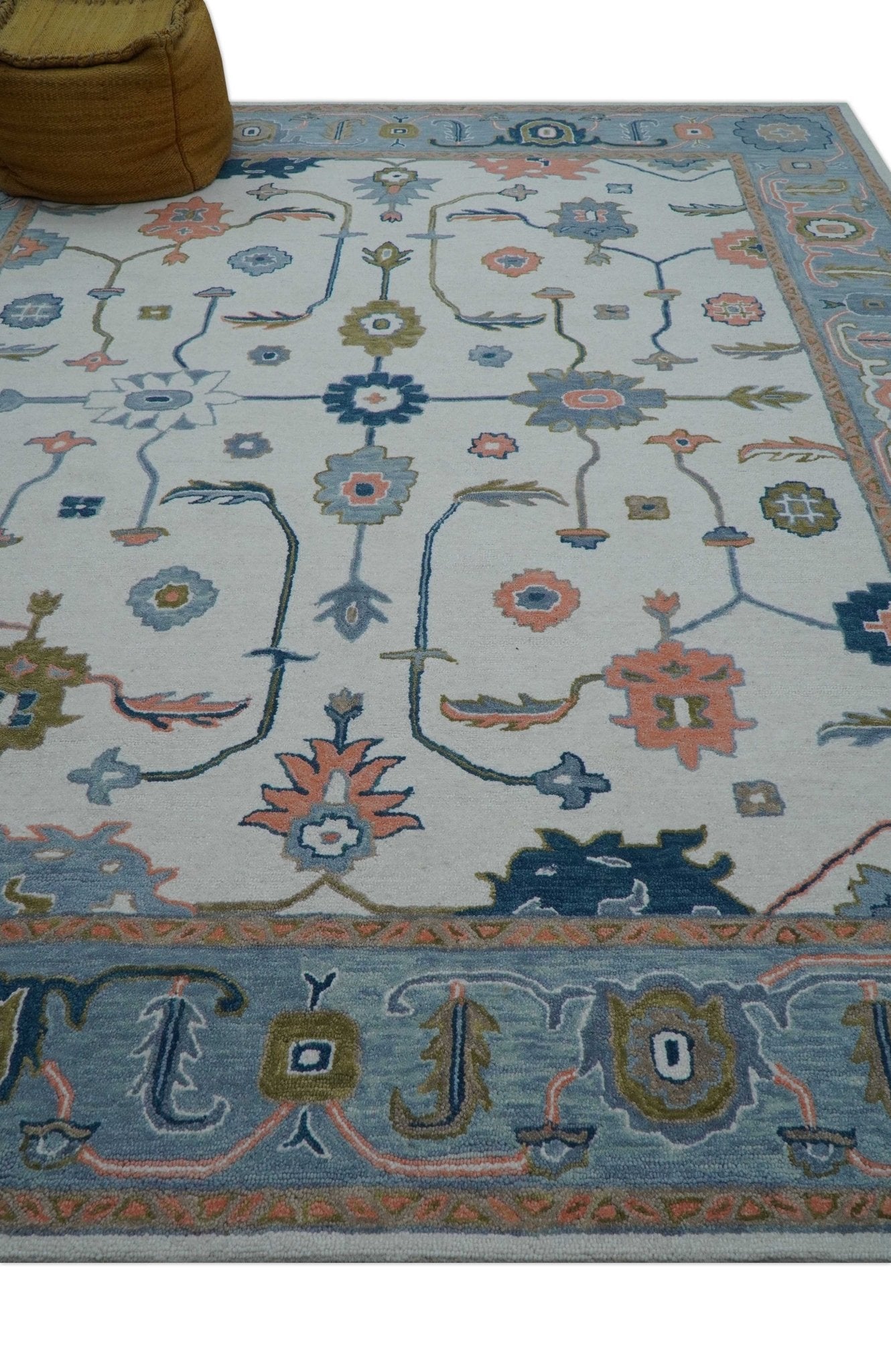 Allure Custom Made Ivory And Blue Traditional Oushak Hand Tufted Wool Rug