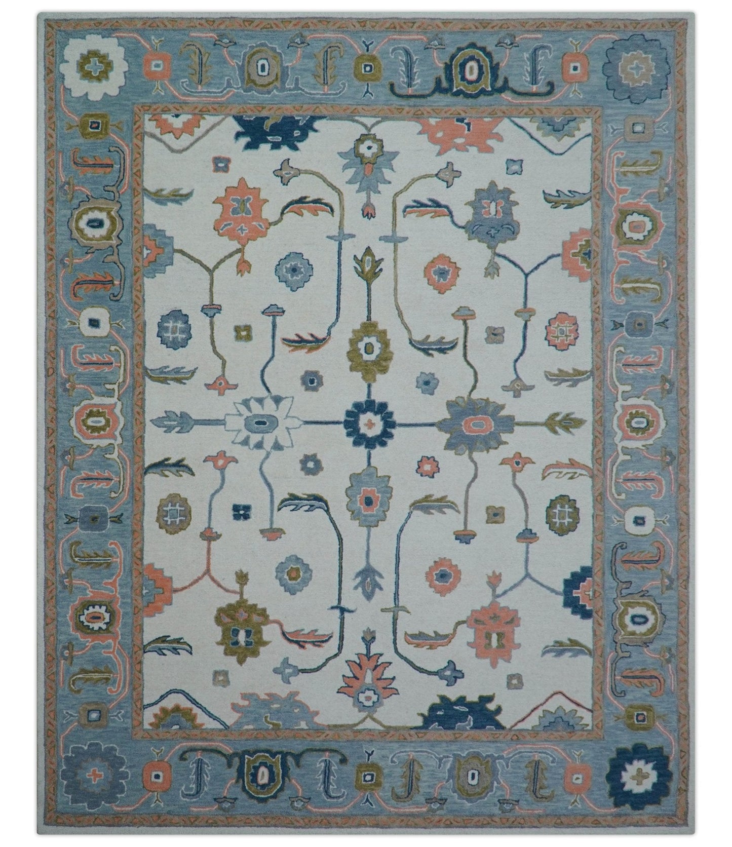 Allure Custom Made Ivory And Blue Traditional Oushak Hand Tufted Wool Rug