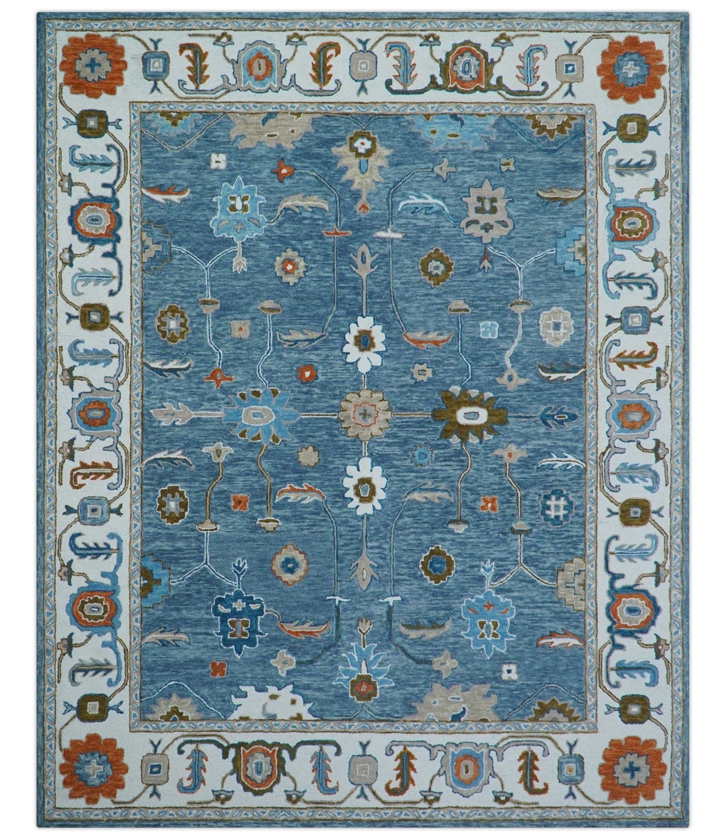 Allure Custom Made Modern Oushak Blue And Ivory Hand Tufted Wool Rug