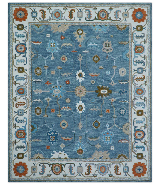 Allure Custom Made Modern Oushak Blue And Ivory Hand Tufted Wool Rug