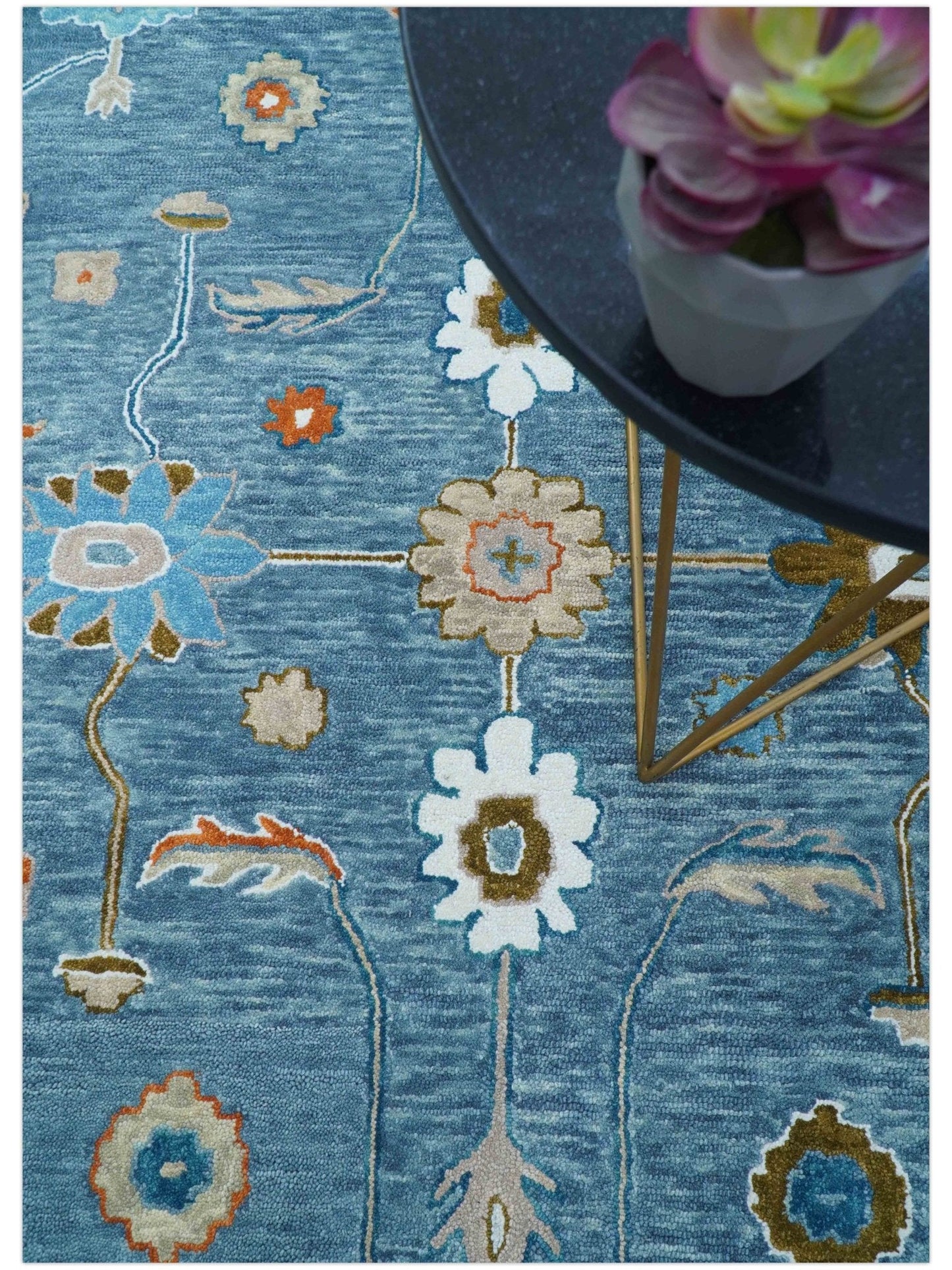 Allure Custom Made Modern Oushak Blue And Ivory Hand Tufted Wool Rug