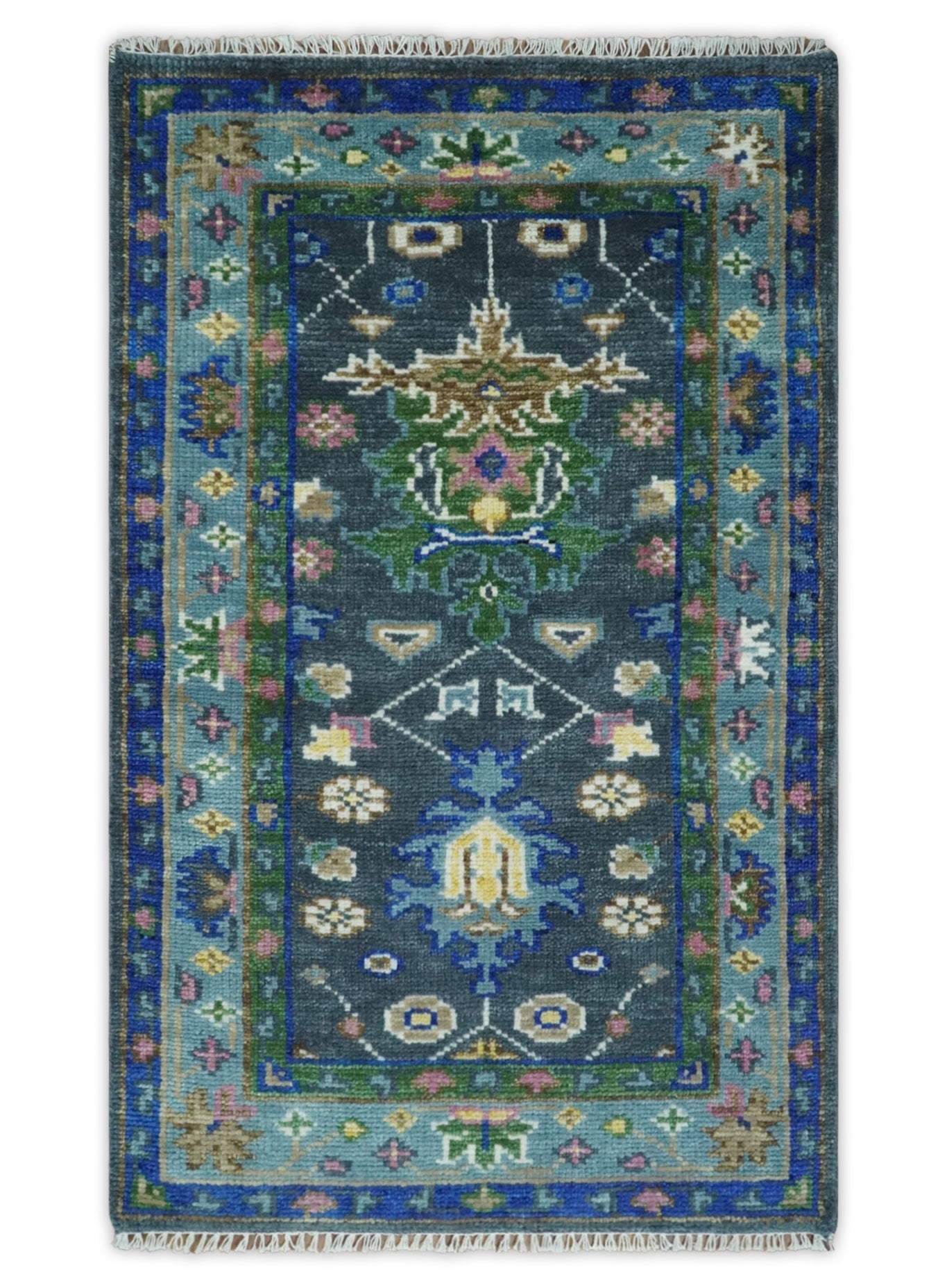 Antique Design Hand Knotted Green Moss and Blue Turkish Oushak Custom Made Wool Area Rug